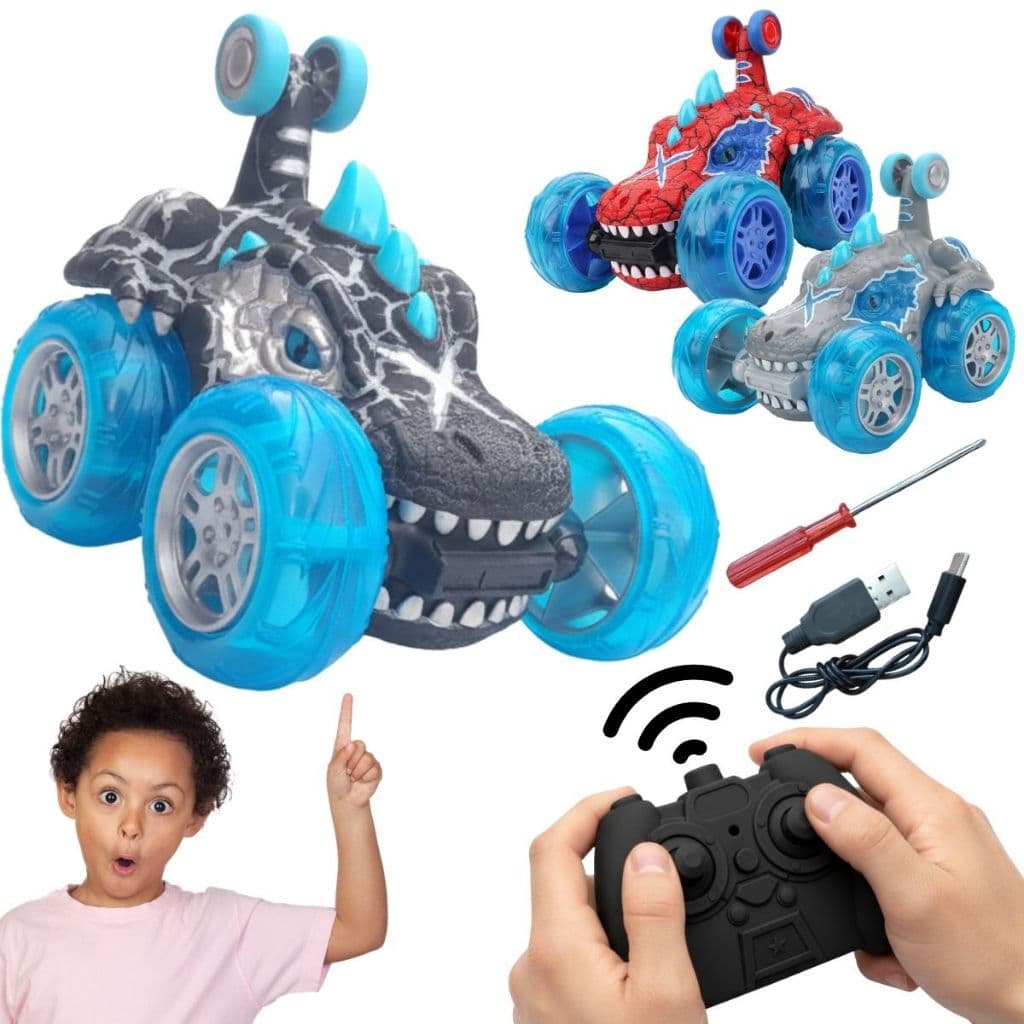 Carrinho Controle Remoto Dinossauro Acrobático Gira 360° Recarregável Luz LED Infantil
