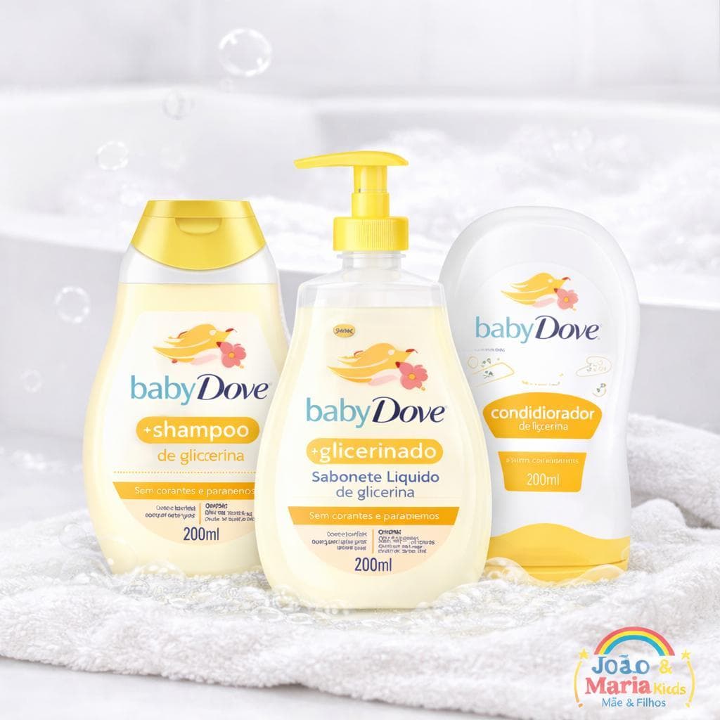 Kit Baby Dove Glicerinado  com shampoo, condicionador e sabonete líquido. Fórmula suave, hidratante e segura para