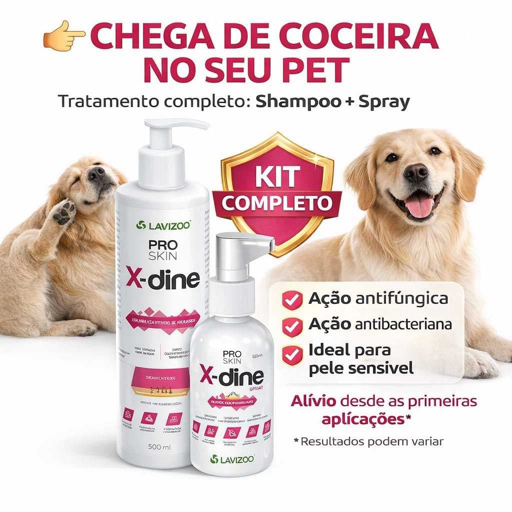 kit Shampoo + Spray Lavizoo X-Dine 500ml Clorexidina: Antifúngico e Antisséptico para Cães e Gatos