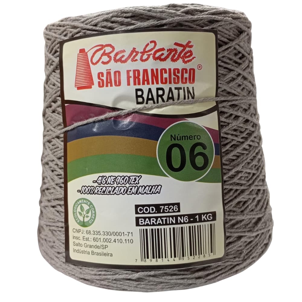 Barbante BARATIN nº06 1kg . Cinza claro - Algodão reciclado. Linha Para Crochê. Tapete Crochê.
