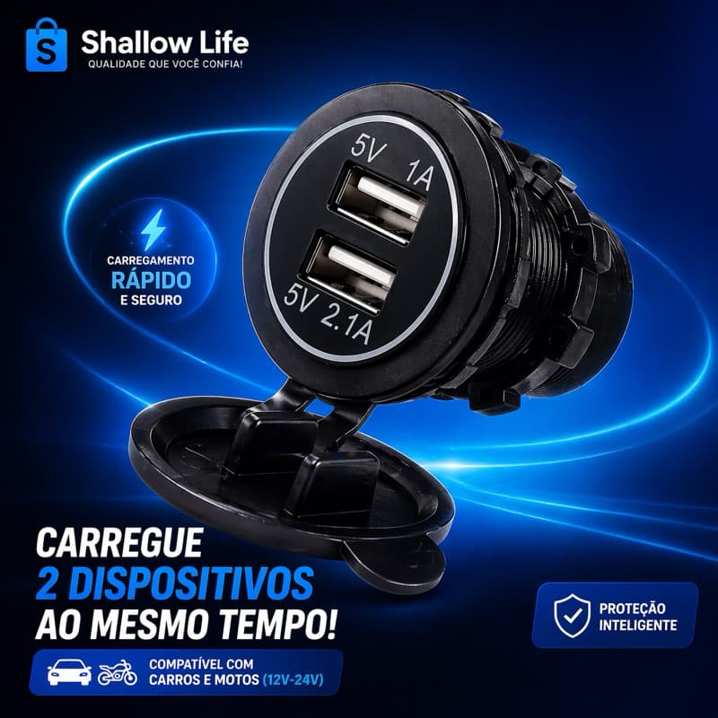 Carregador USB Veicular Duplo 12V 24V Carregamento Rápido Moto Carro MR-US4