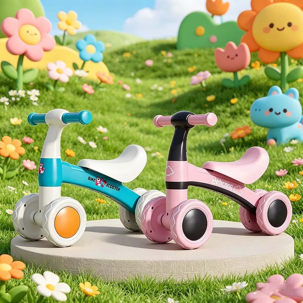 Bicicleta de Equilíbrio 4 Rodas Sem Pedal，Andador – Infantil, Estável e Seguro！