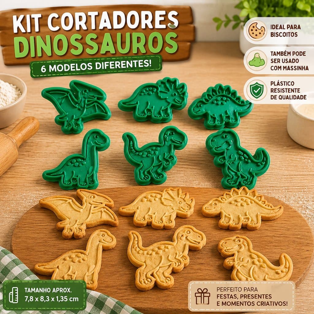 Kit 6 Cortador Forminha para Massinha ou biscoito Modelar Dino Safari
