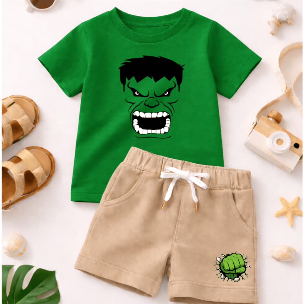 Conjunto Infantil Hulk Para Meninos Estiloso Verão - Camiseta 100% Algodão Manga Curta e Bermuda de Moletom Qualidade