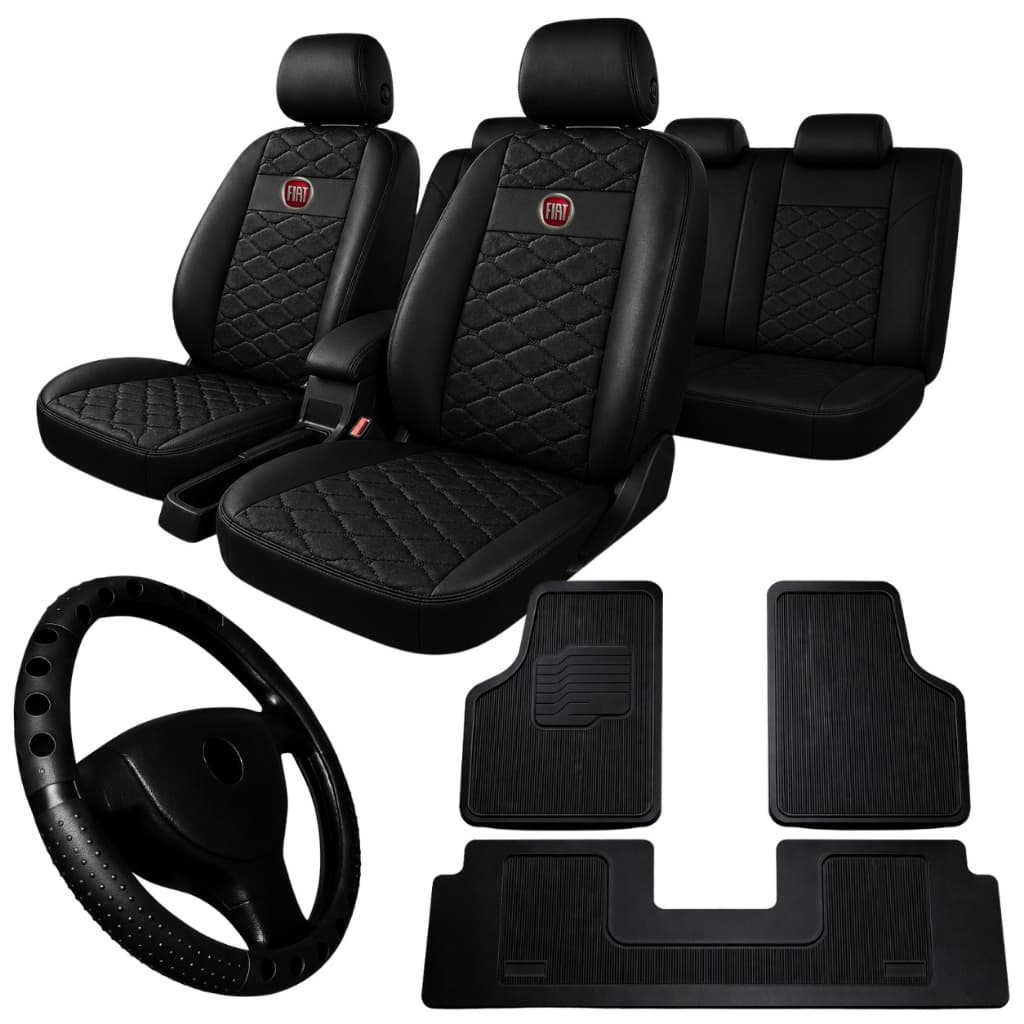 kit Capa E Assento Banco Carro Couro Fiat Palio Fire 2002 A 2017 + tapete de carro automotivo
