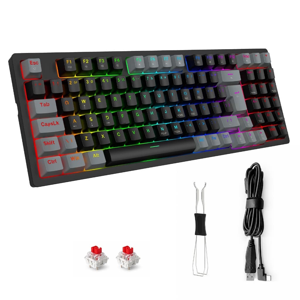 COIBEU Teclado Mecânico com Fio 95 Teclas Switch Vermelho, RGB Rainbow USB para Windows/Mac