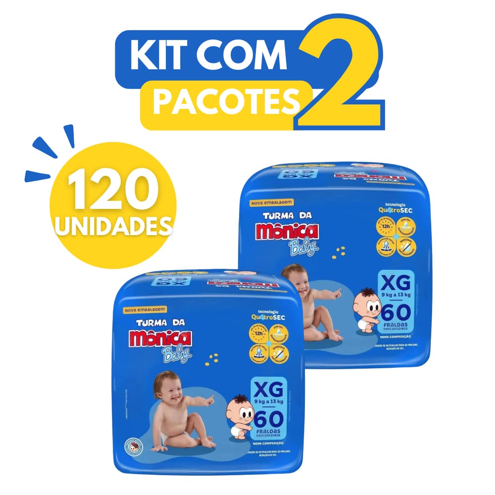 Kit com 2 Pacote de Fralda Turma da Mônica BAG Hiper Pacotão Tamanho XG - 120 Unidades