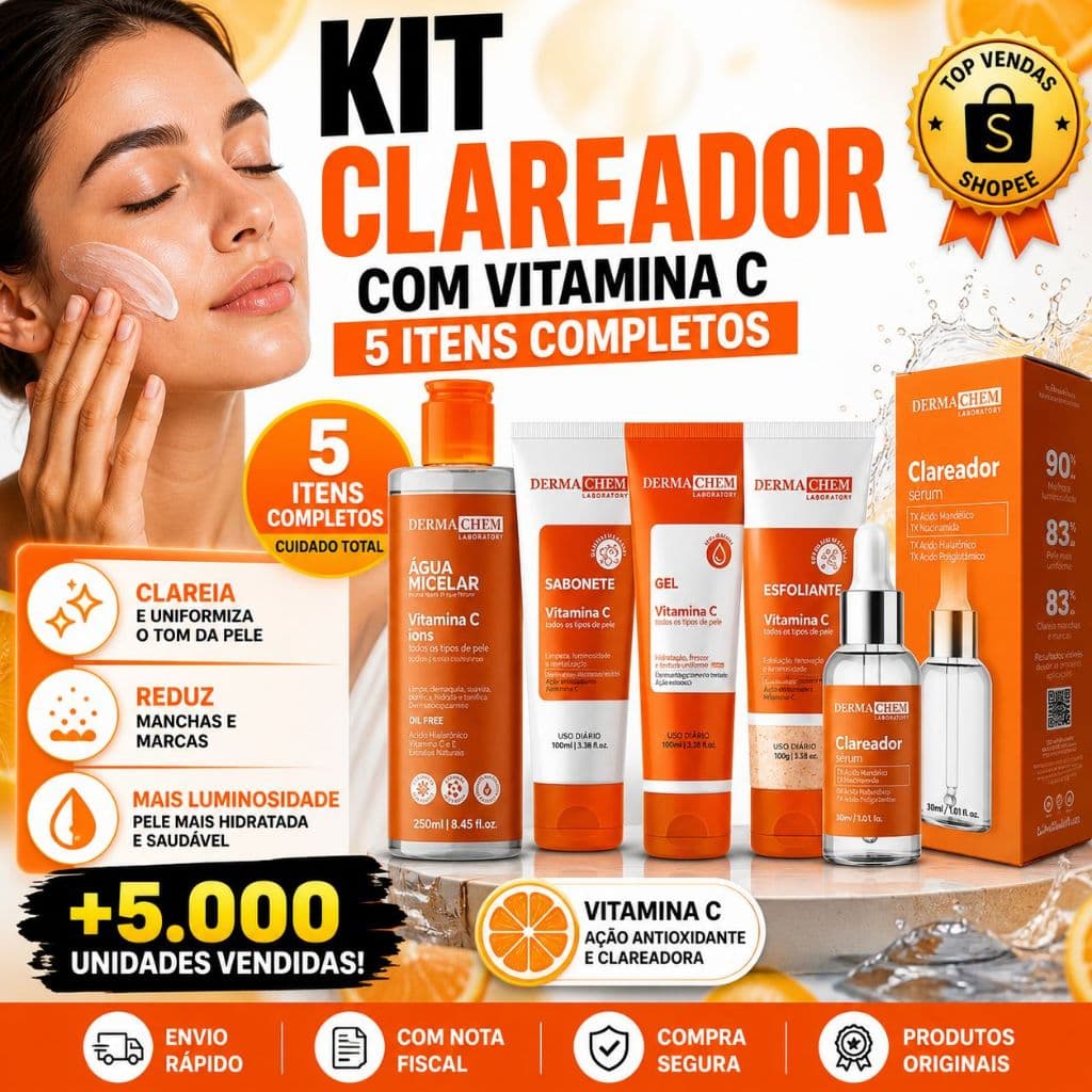 Kit 5 Itens Skincare Vitamina C Dermachem Clareador, Anti-idade, Anti-manchas Pele Iluminada