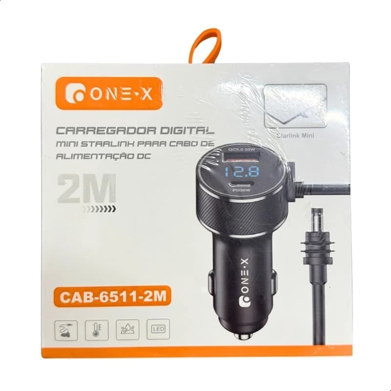 Carregador Veicular Starlink Mini 3 em 1 Display Digital USB-A USB-C Cabo DC