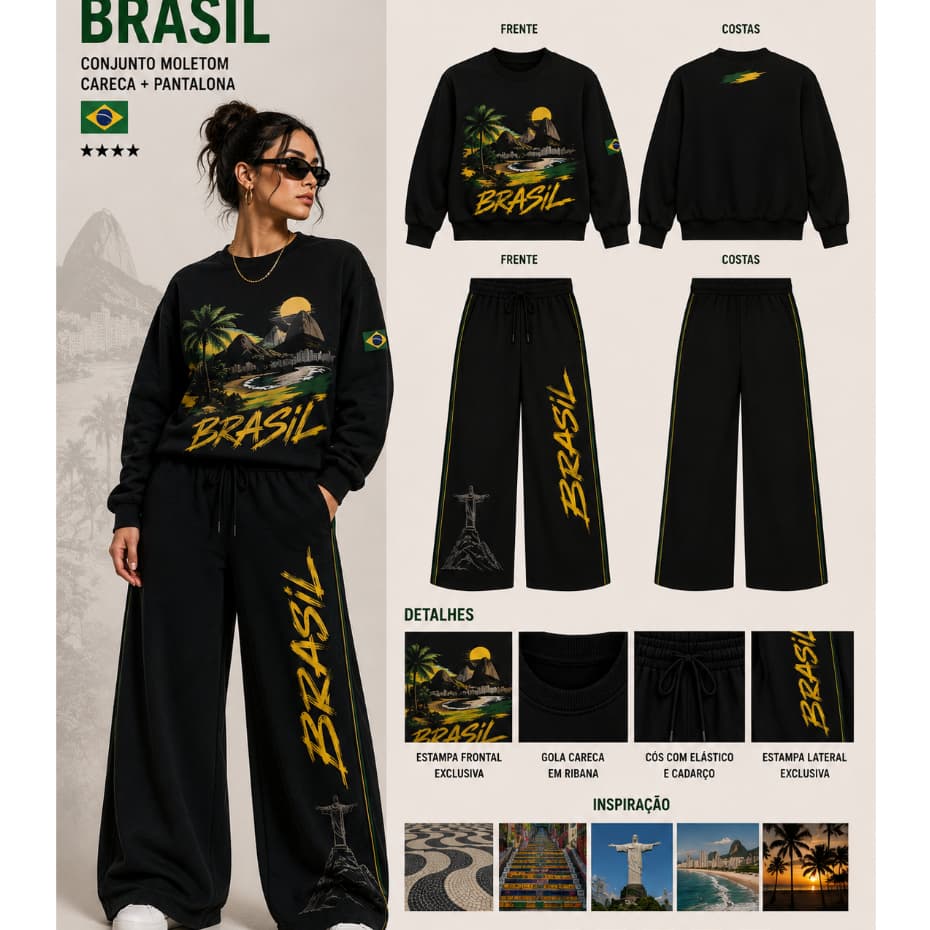 Conjunto de Moletom Feminino  Inverno Brasil Temática C O P A Moletom Careca Tendencia Brasilcore