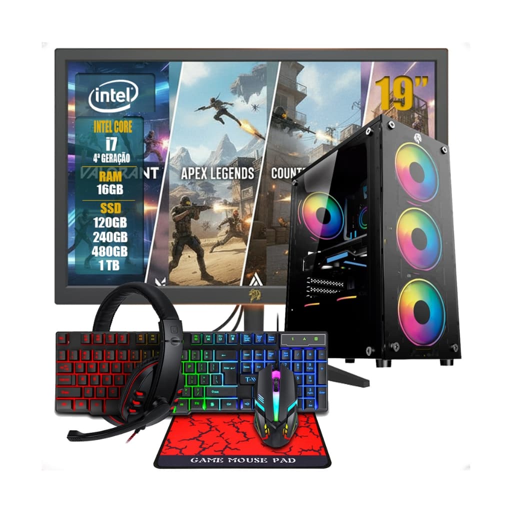PC Gamer Completo Intel Core i7 4ª Ger + Monitor 19" + Kit Gamer RGB SSD (Opções 8GB/16GB RAM)