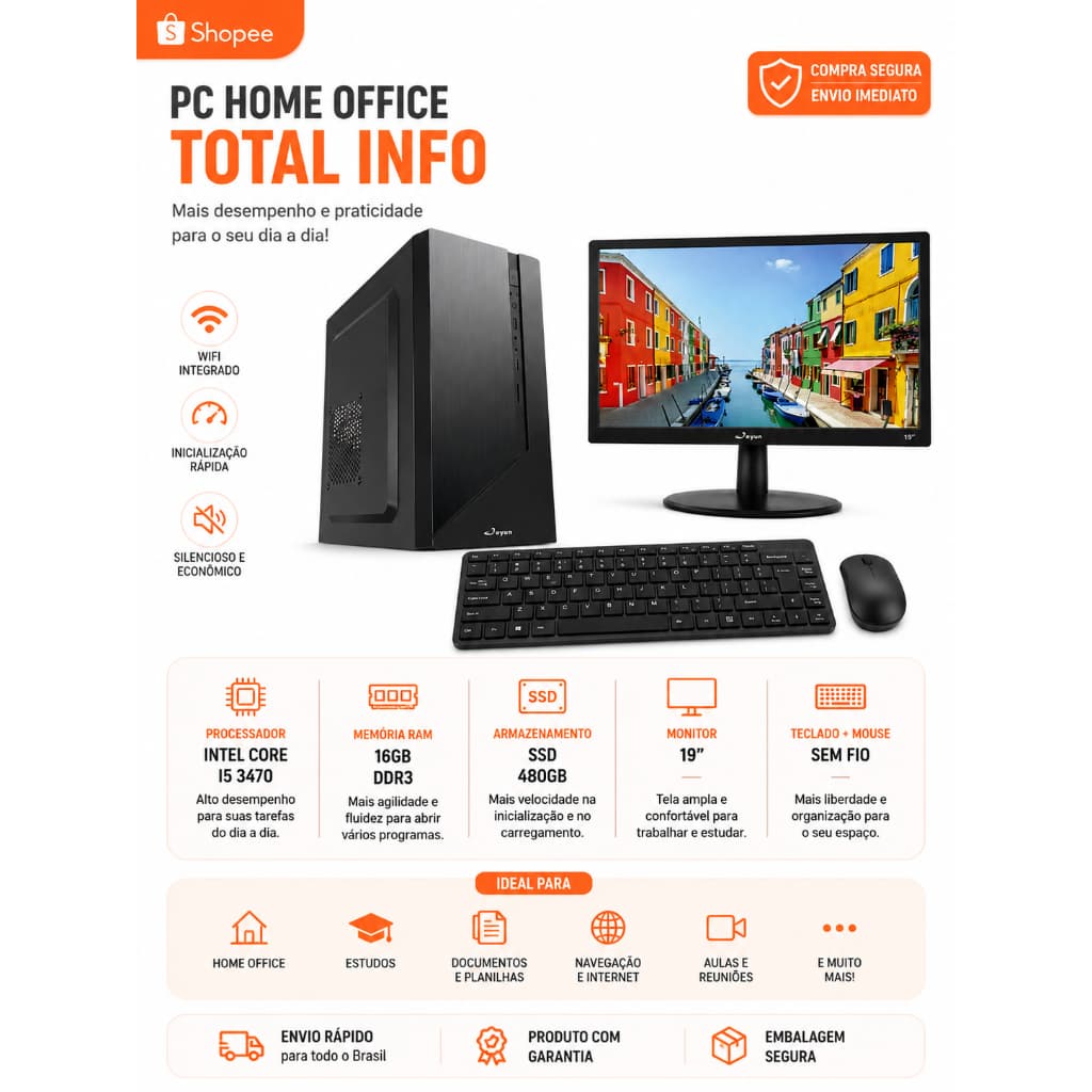 Pc Home Office Total Info Core I5 3470-16gb Ddr3 - Ssd 480gb - Teclado E Mouse Sem Fio - Monitor 19'' - Wifi