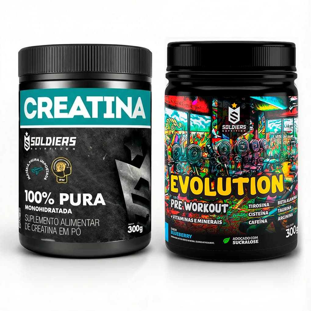 Kit Creatina Monohidratada + Pré Treino Evolution 300g  Aminoácidos Essenciais - Soldiers Nutrition