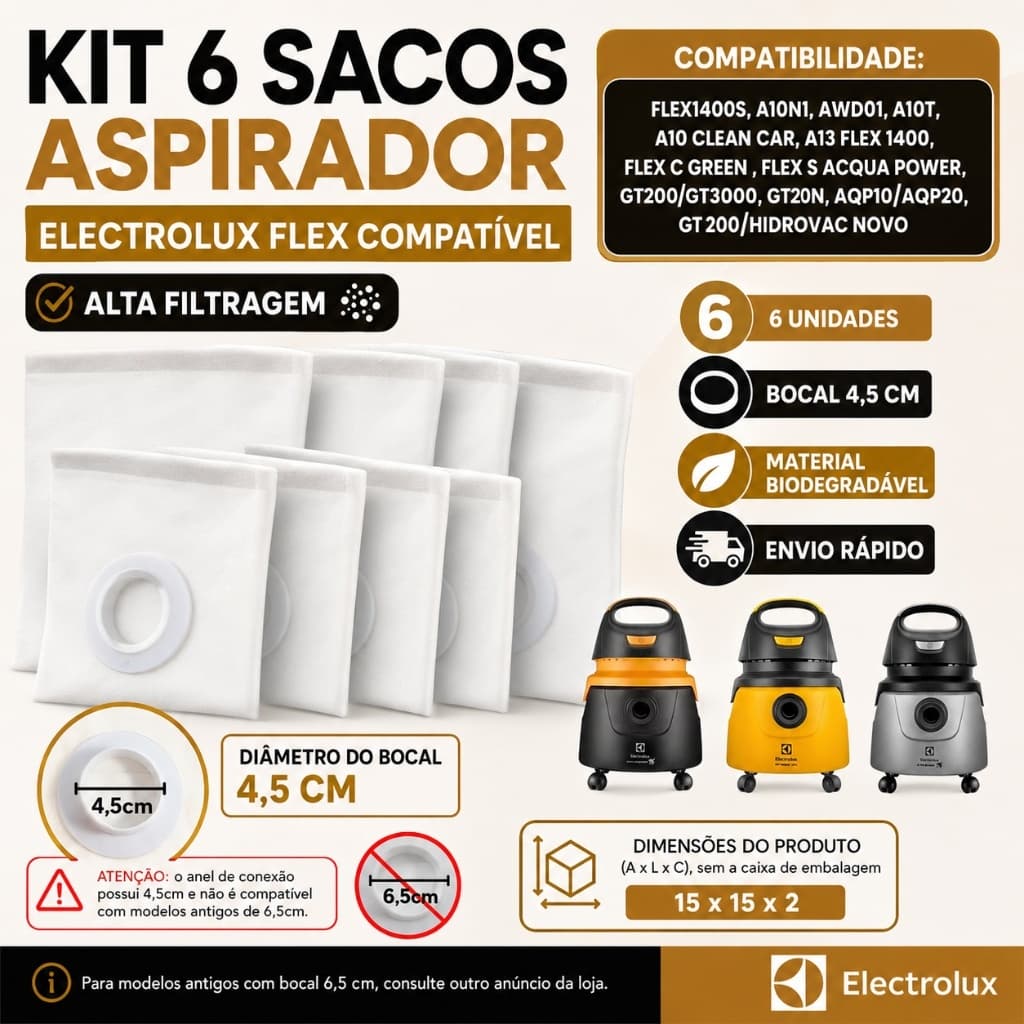 Kit Com 6 Sacos de Aspirador Em Pó Eletrolux Flex