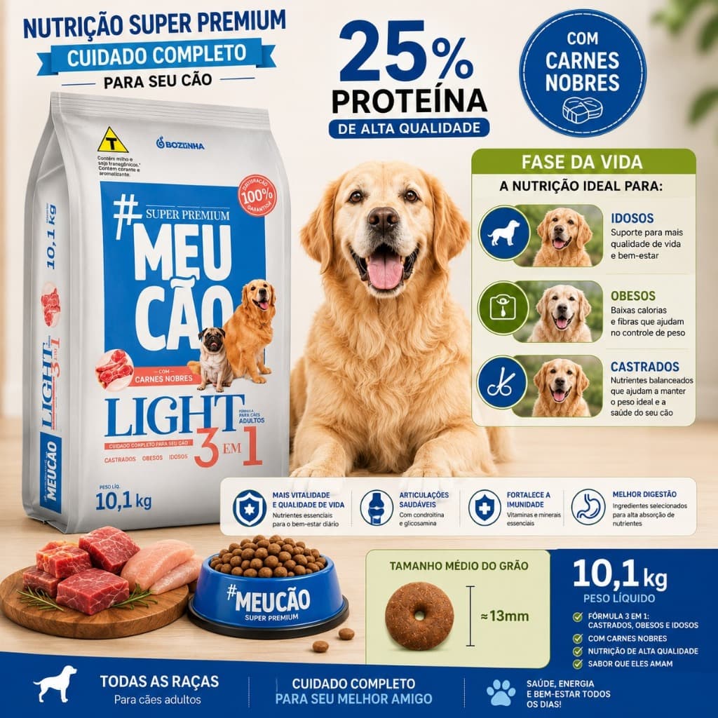 Ração Ligth Cachorro 10kg Idoso Obeso Castrado Sabor Carnes Nobres 25% Proteína
