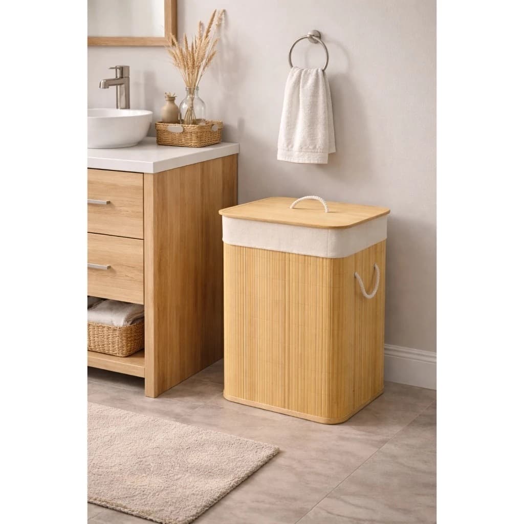 Cesto De Roupa Suja Bambu 70L  Organizador Forrado Banheiro Grande Cesto Retangular Toalha roupa de cama