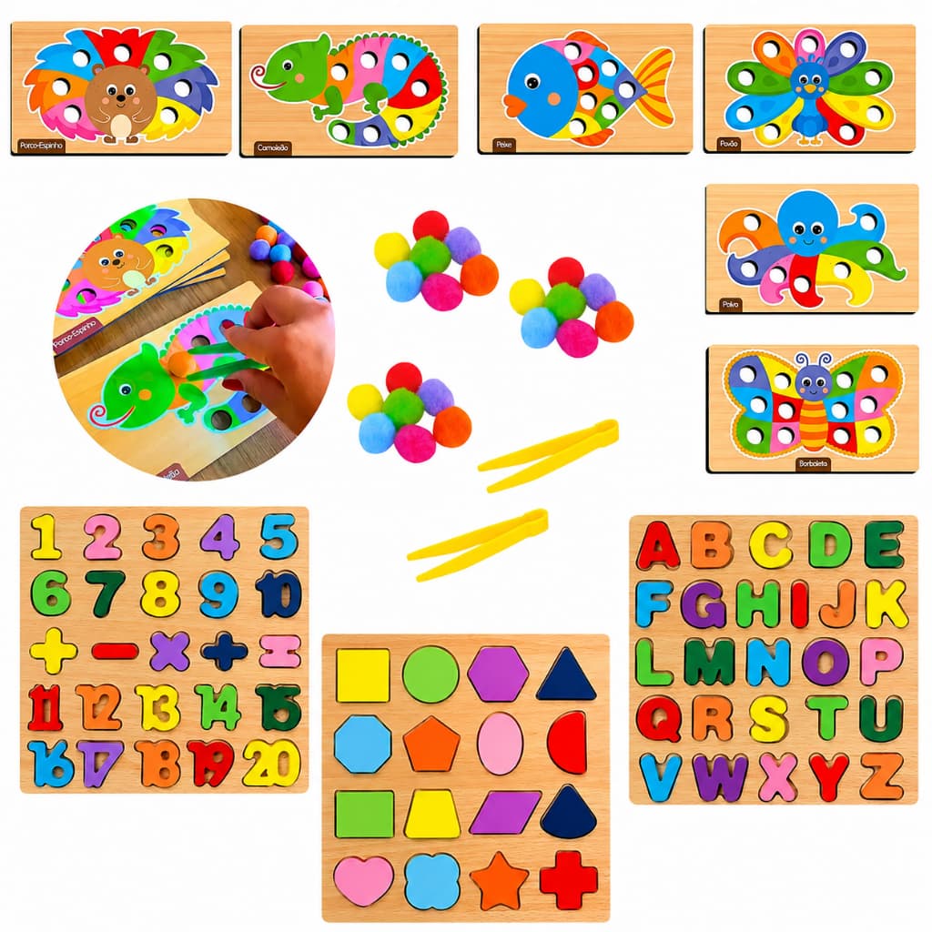 Kit Brinquedo Jogo Educativo Aprender Cores Coordenação Motora Brinquedo em Madeira 3 a 4 Anos