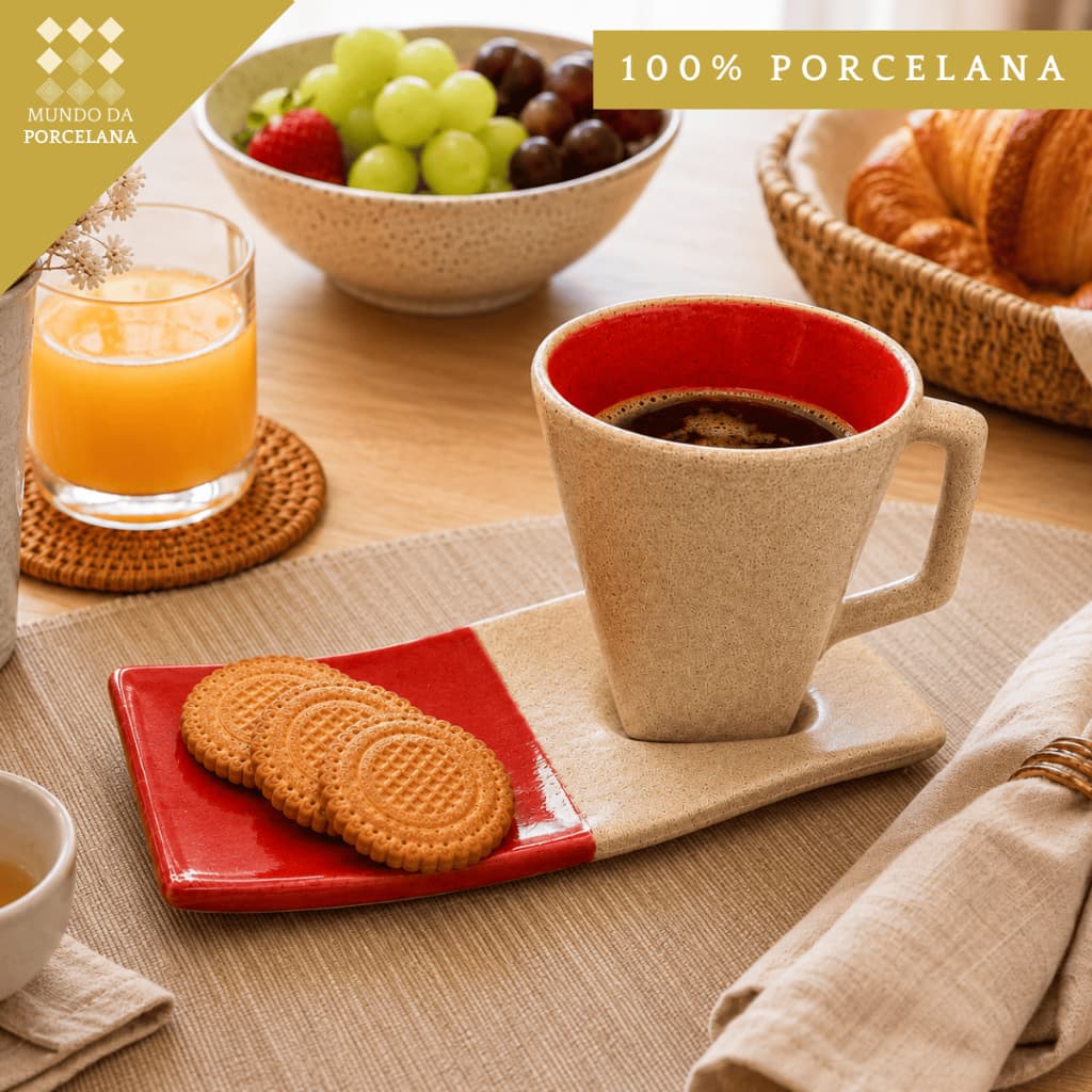 Caneca Orgânica Com Pires Chá Café Porcelana Xicara Organica Premium 120ml
