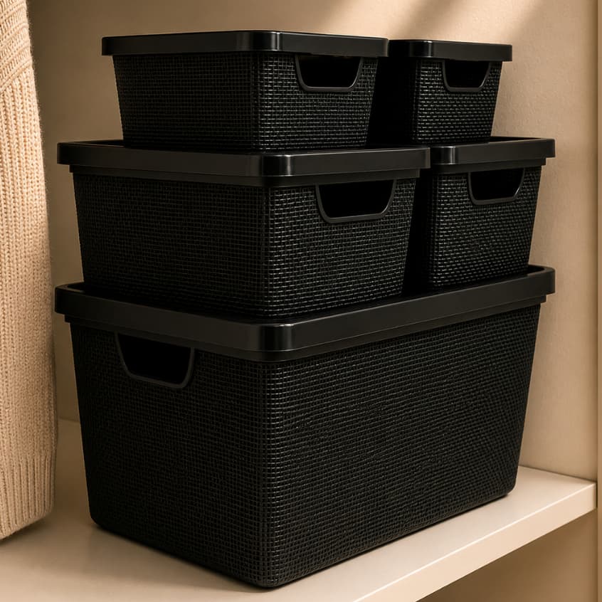 Kit Até 5 Caixas Organizadoras com Tampa Cesto Grande Plástico Resistente Multiuso Preto  2L 6L 16L Banheiro Gaveta Sala