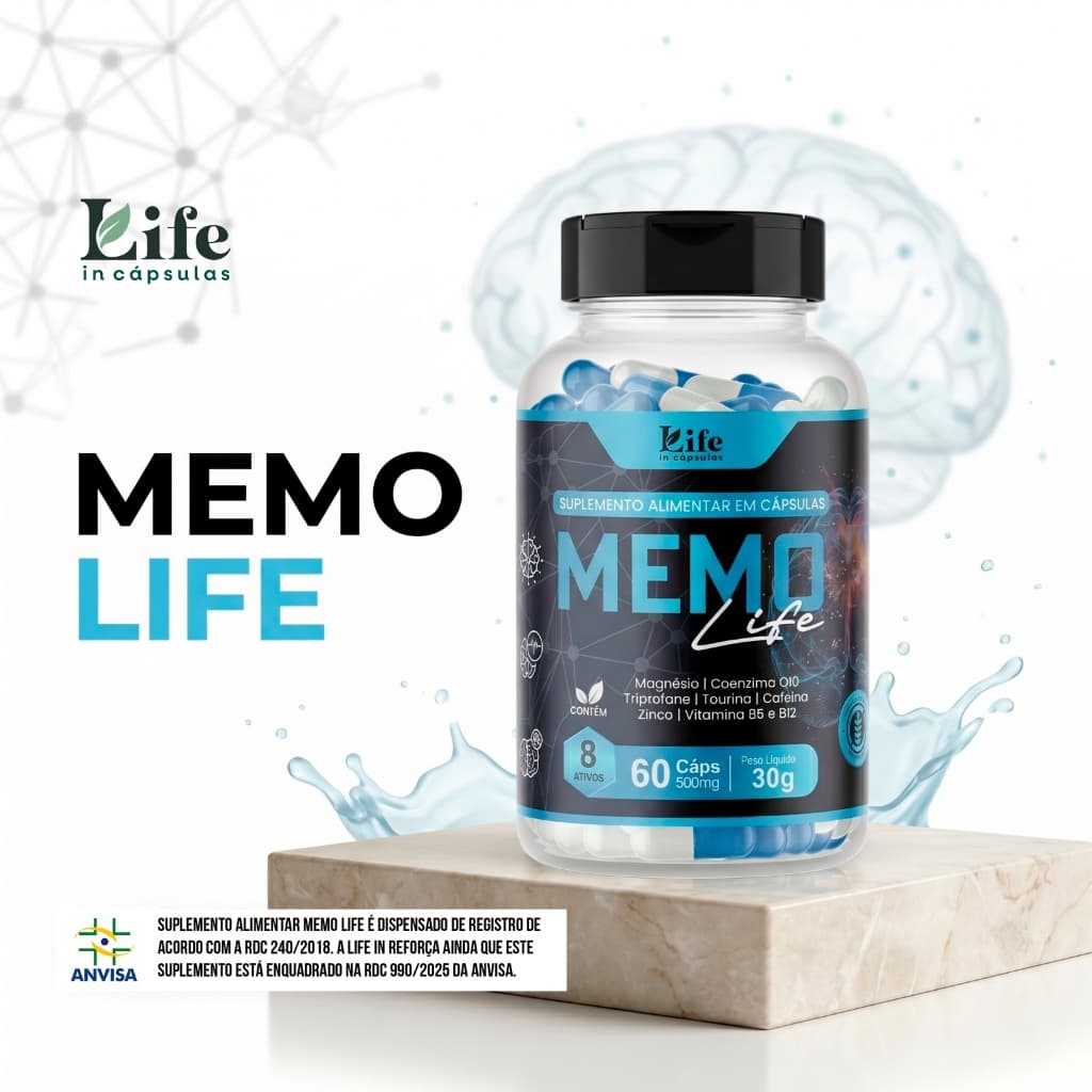 Memo Life 60 Cápsulas – Magnésio COQ10 Triptofano + Vitamina B12 | Foco Concentração. Envio Imediato