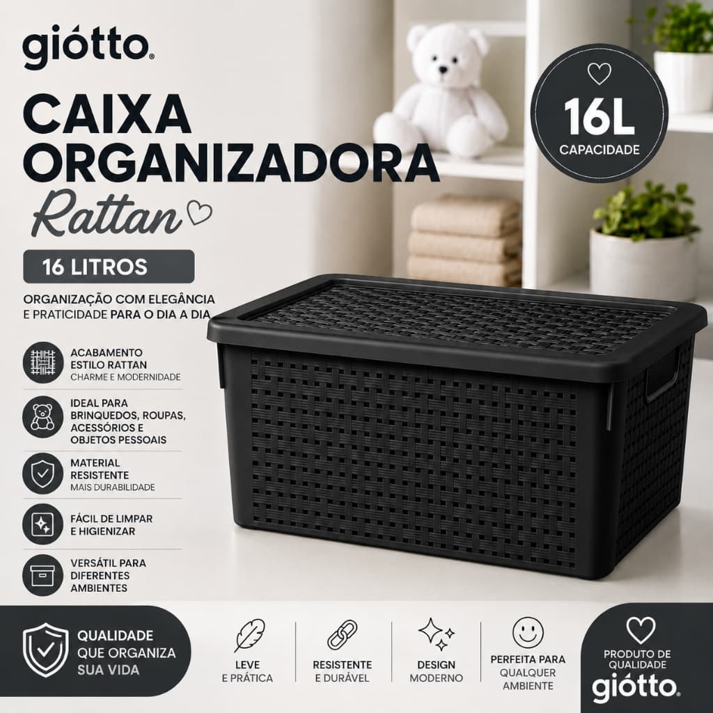 Caixa Organizadora Rattan 16 Litros Preta Cesto Multiuso Organização Banheiro Quarto Giotto