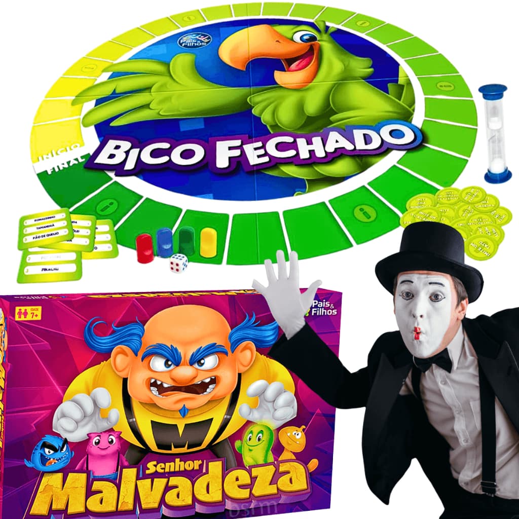 Kit 2 Jogos Tabuleiro infantil Família Amigos Mímica Desafios Engraçados Bico Fechado Malvadeza