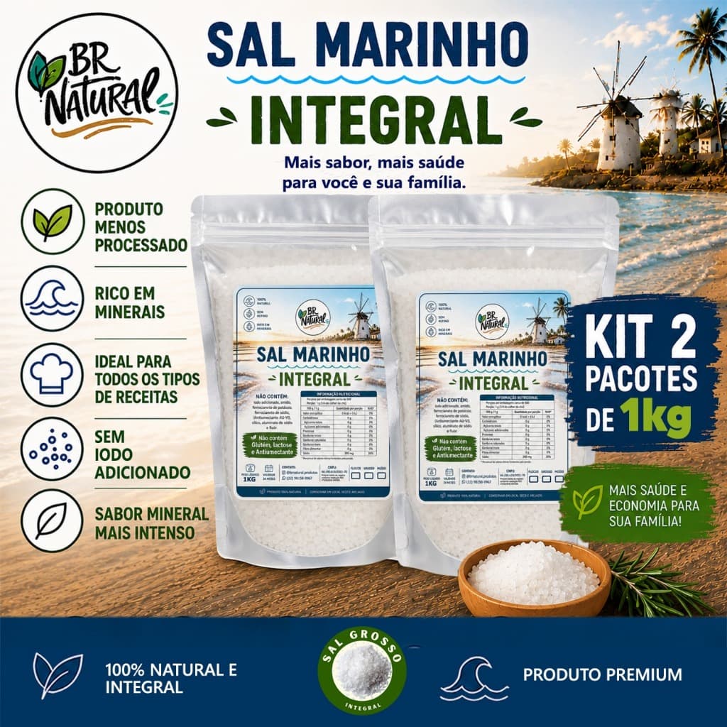 Kit 2 KG Sal 100% Integral Marinho Sem IODO Sem Ferrocianeto Sem Antiumectante Premium Mossoró Natural