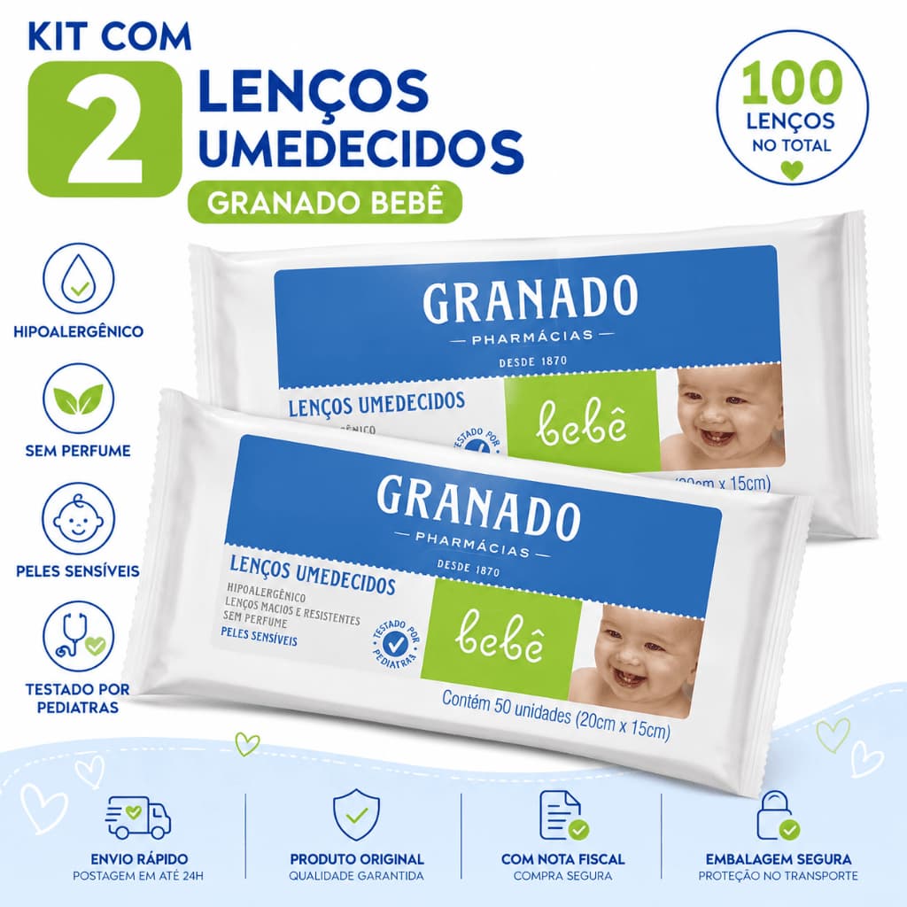 Lenço Umedecido Granado Bebê Kit 2 Pacotes 100 Lenços Pele Sensível Sem Perfume Hipoalergênico