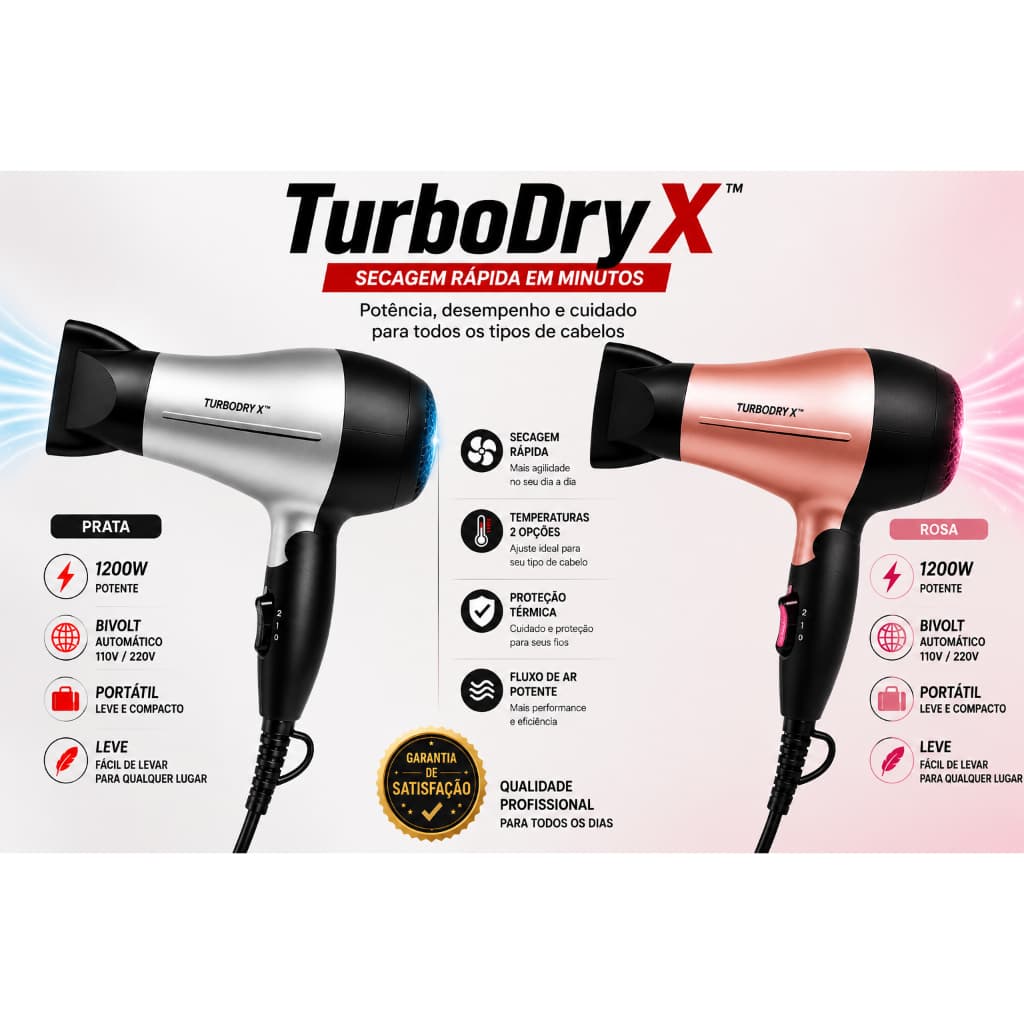 TurboDry X™ – Secador de Cabelo Portátil 1200W Bivolt Potente Compacto Profissional