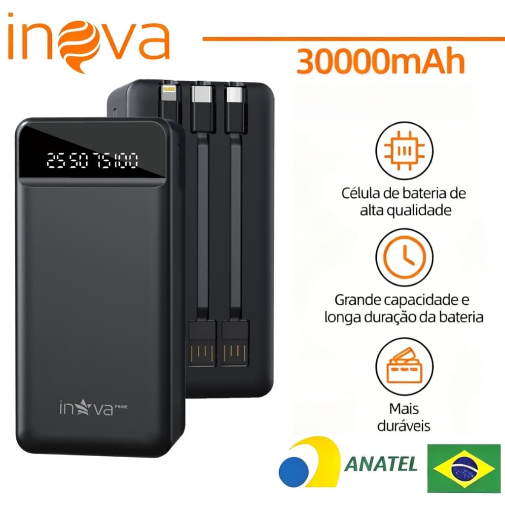 INOVA Power Bank 30000mAh Carregador Portátil Rápido Cabos Integrados Display Digital LED