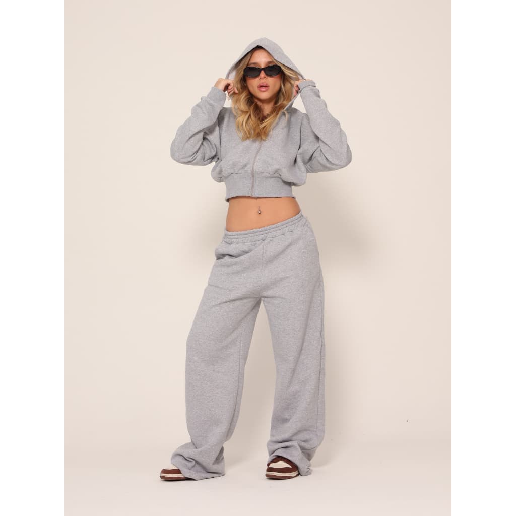 Conjunto Moletom Flanelado Feminino Calça Wide Leg Agasalho Cropped Inverno Aberto Zíper Capuz Moda Y2k