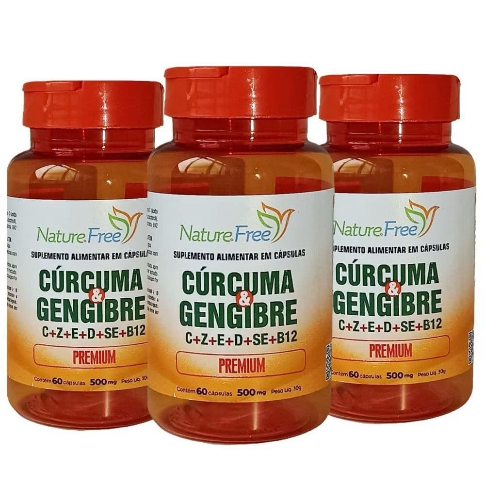 Kit 3 Cúrcuma Gengibre e Vitaminas Premium 60 Cápsulas 500mg NatureFree - SUPLEMENTO ALIMENTAR