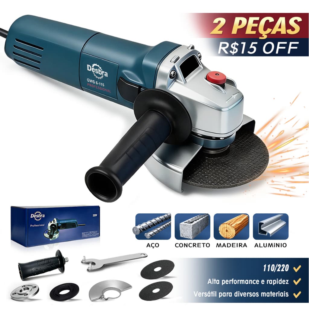 Esmerilhadeira Angular Bivolt 110V/220V 11000RPM Multifuncional para Corte Lixamento e Polimento Acessórios completos