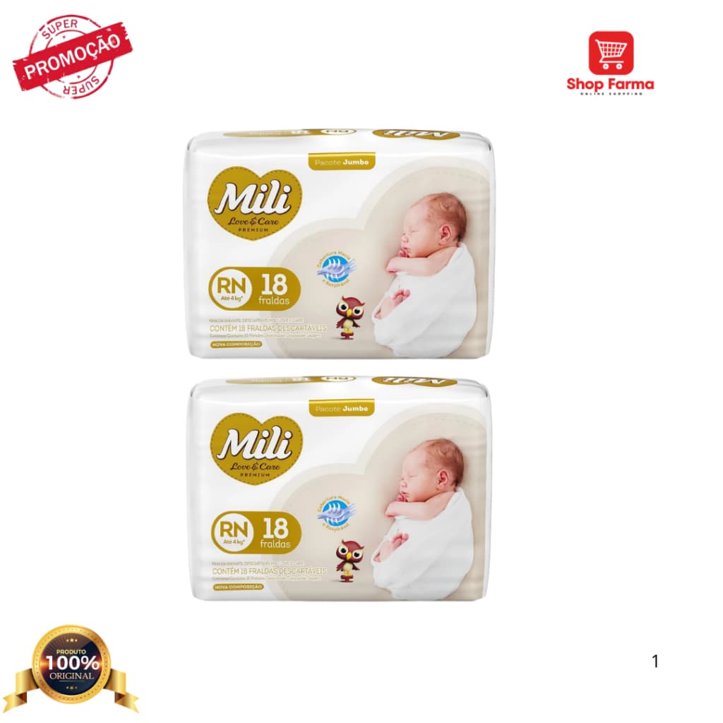kit 2 x Fralda Mili Love & Care Premium RN recém nascido com 18 unidades