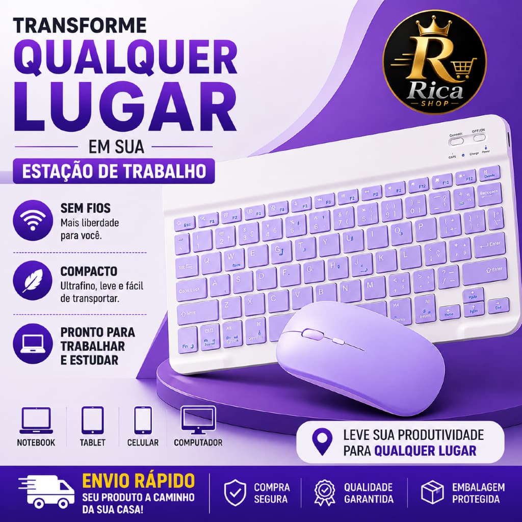 Teclado e Mouse Bluetooth Sem Fio Para Notebook Tablet Recarregável Ultrafino Roxo