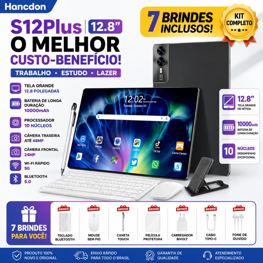 【Teclado, mouse e alto-falantes gratuitos】 S12 Plus Tab 12.8-inch Tablet 16GB+512GB features 5G and Dual SIM 10000mAh