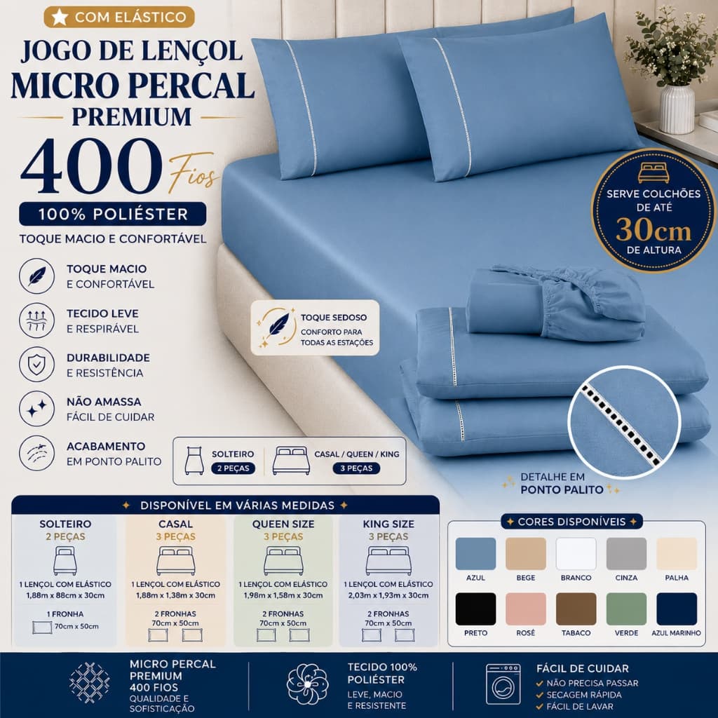 Jogo de Lençol Micropercal Premium 400 Fios C/ Elástico Casal Queen King Solteiro