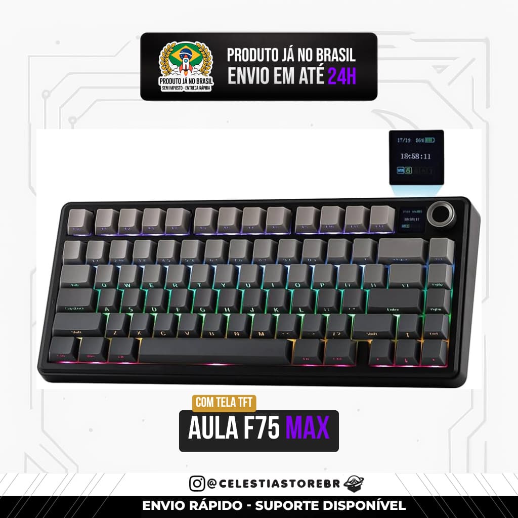 Teclado Aula F75 Mecânico com Tela TFT Preto Degradê Tri Mode Gamer ANSI - Anbt2 - MAX PRO ULTIMATE