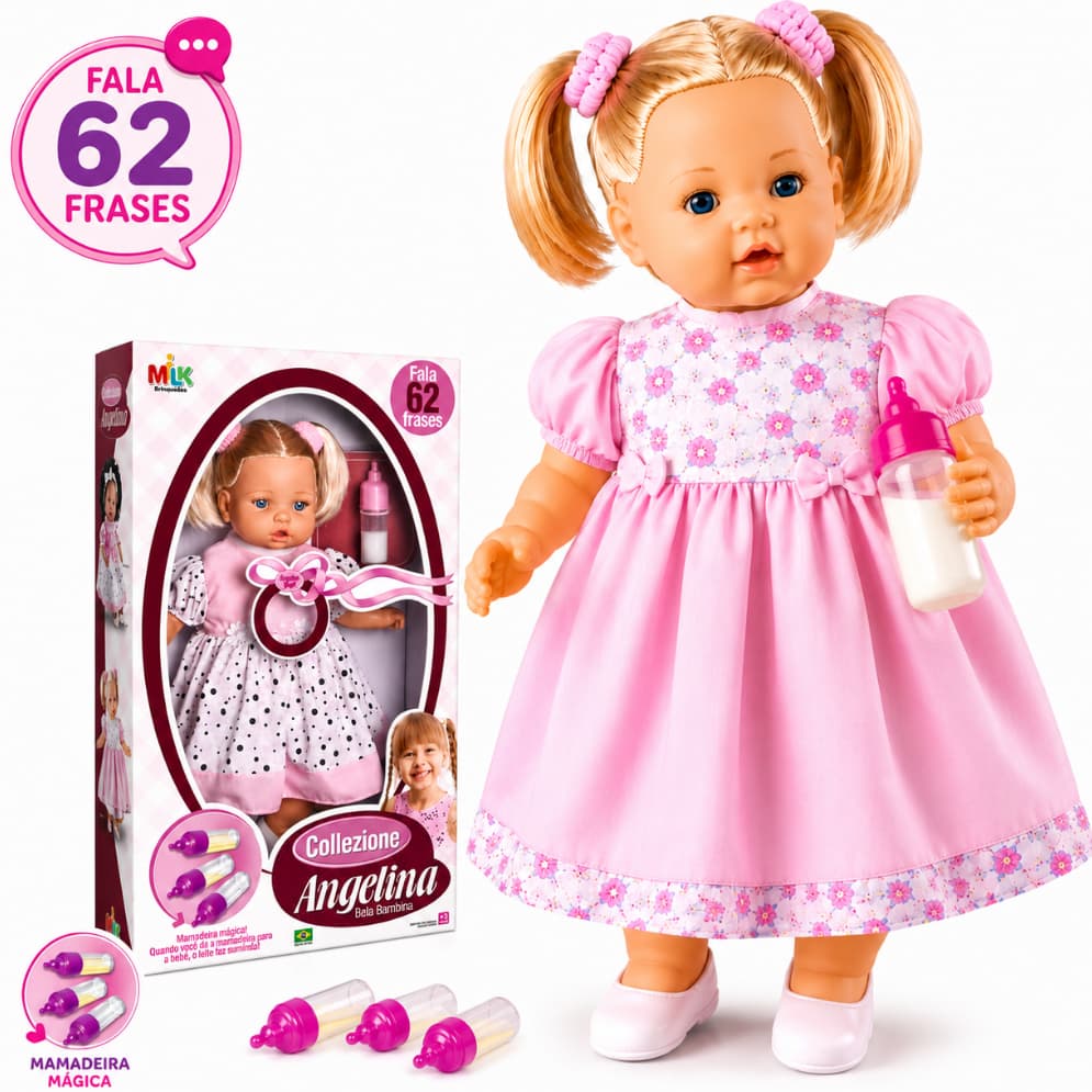 Boneca Grande Angelina Loira Fala 62 Frases Tipo Reborn Com Mamadeira Milk Brinquedos