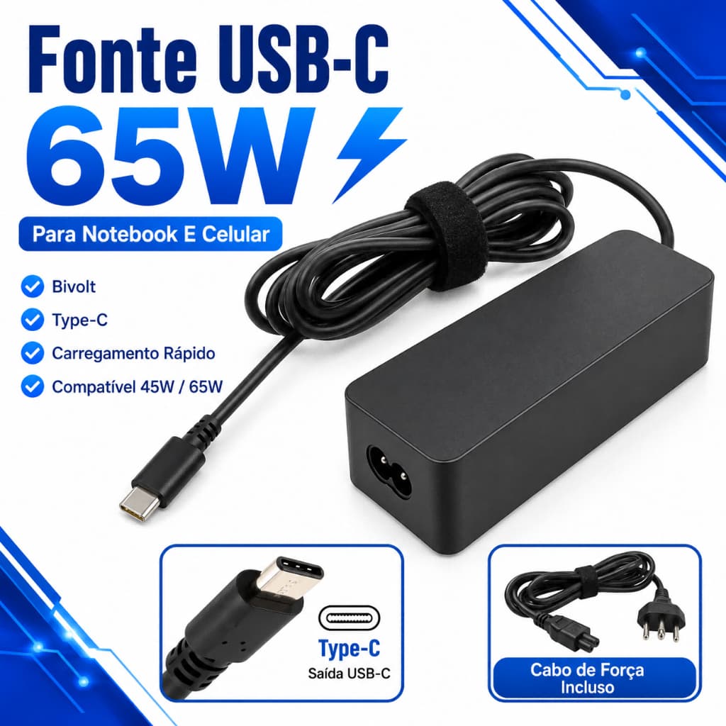 Carregador Fonte USB-C 65W Type-C Bivolt Para Notebook Lenovo Dell HP E Celular