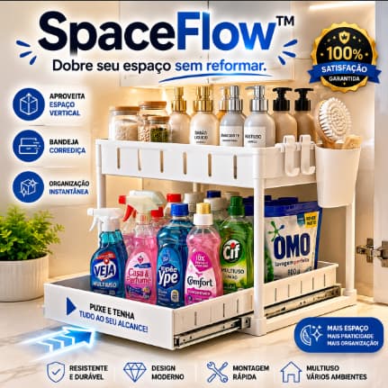 Organizador Multiuso 2 Níveis Bandeja Corrediça SpaceFlow™ Organizador De Armário Cozinha Banheiro Lavanderia Branco