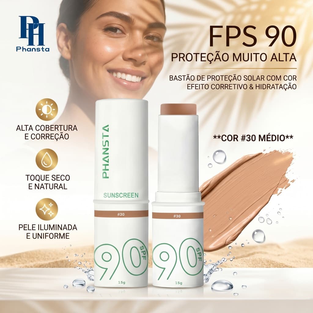 PHANSTA Protetor Solar Facial em Bastão FPS 90 Efeito Matte Sunless Stick Envio Imediato