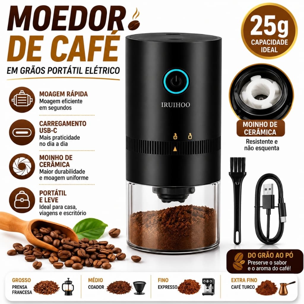 Moedor de Café Elétrico Portátil USB-C Rebarba Cerâmica Ajustável para Grãos