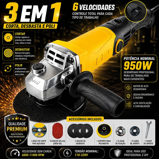 Esmerilhadeira Lixadeira 3 em 1 Multifuncional  Profissional 950W 6 Velocidades