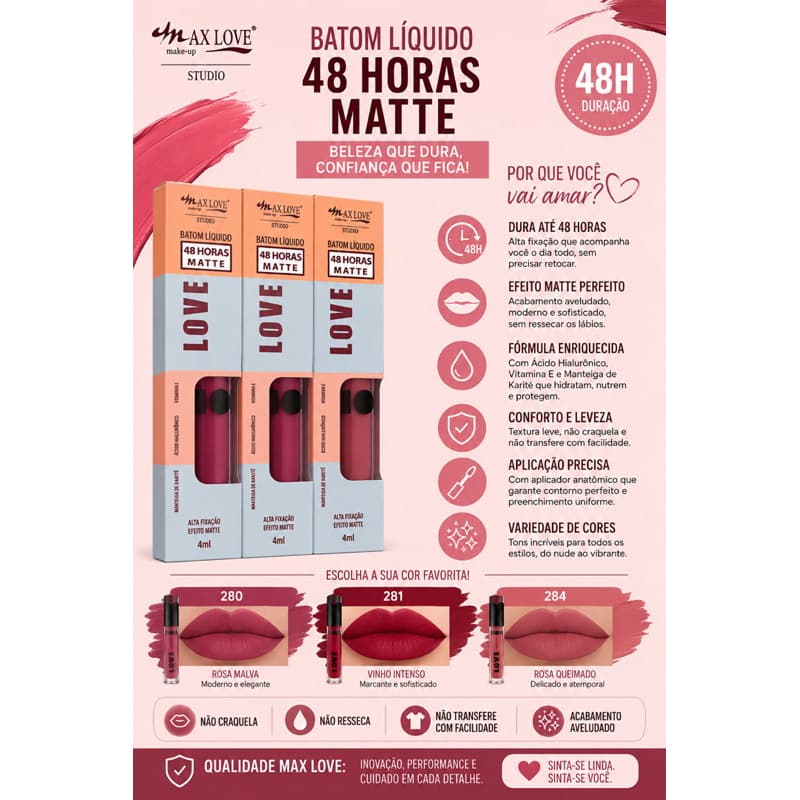 Batom líquido matte Max love 48 horas de duração não transfere