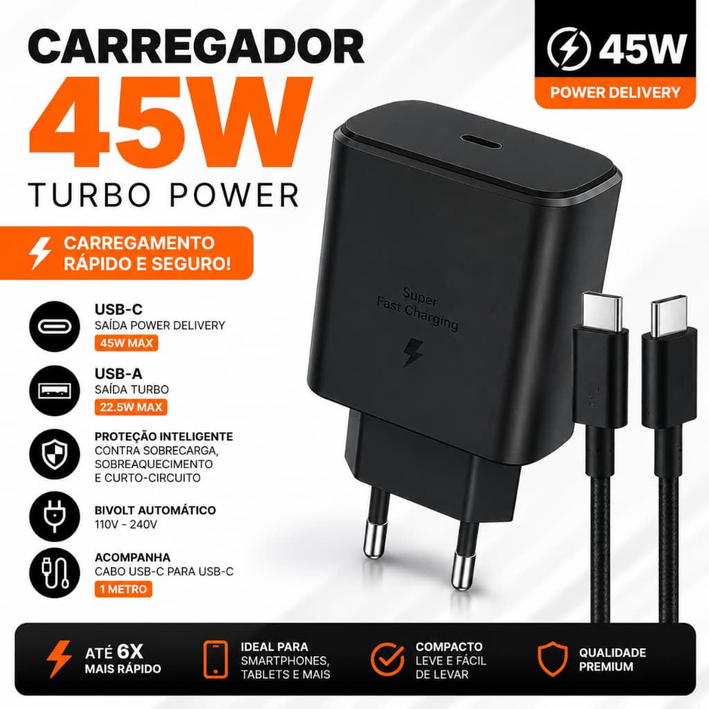 Carregador 45w Tipo C Turbo Para Android Compatível Com A31 A54 A72 S20 Fe S21+ S22 S23 Ultra S24