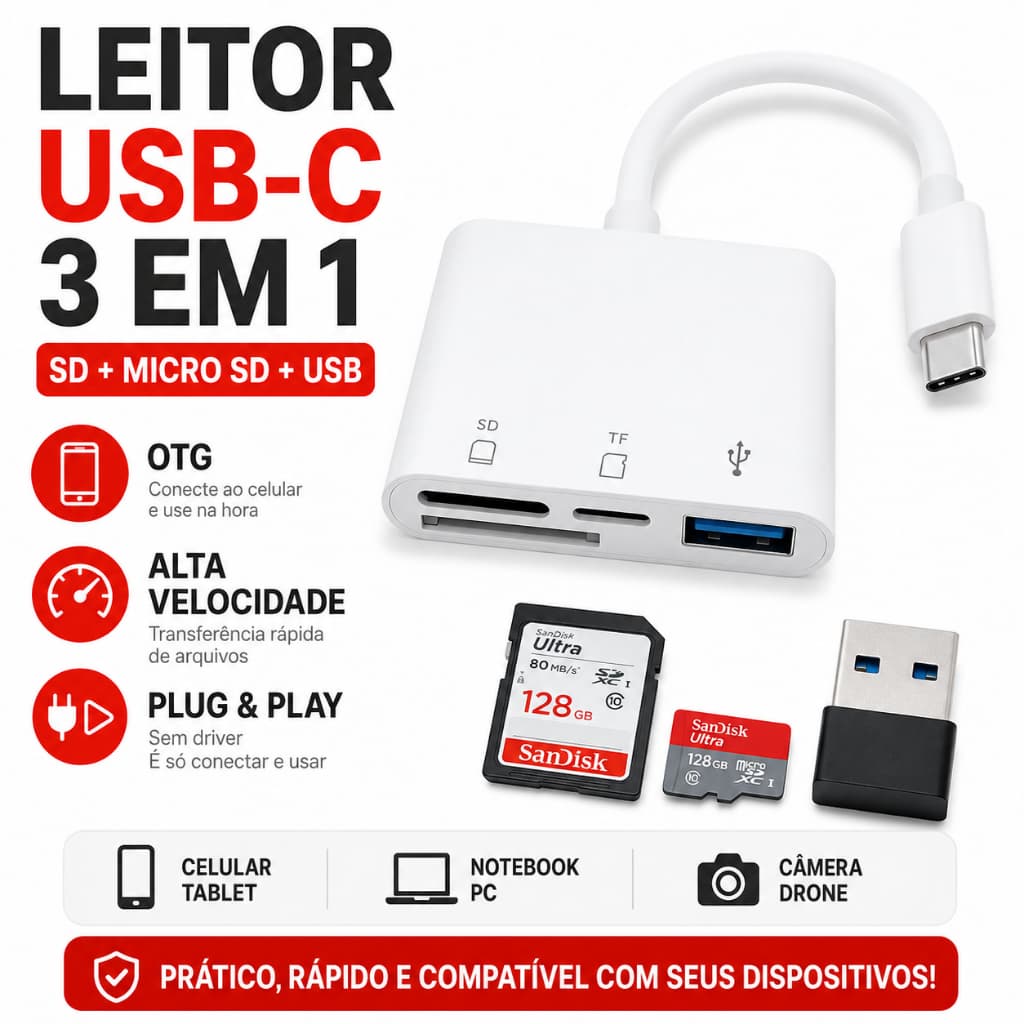 Leitor Cartão USB C 3 Em 1 OTG SD Micro SD Adaptador Para Celular Notebook Câmera