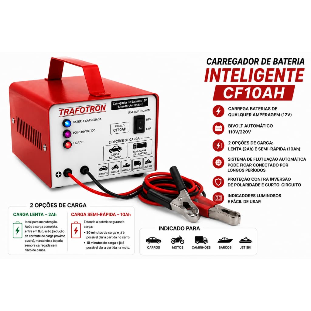 Carregador de bateria CF10 para carro , moto, barco e caminhão