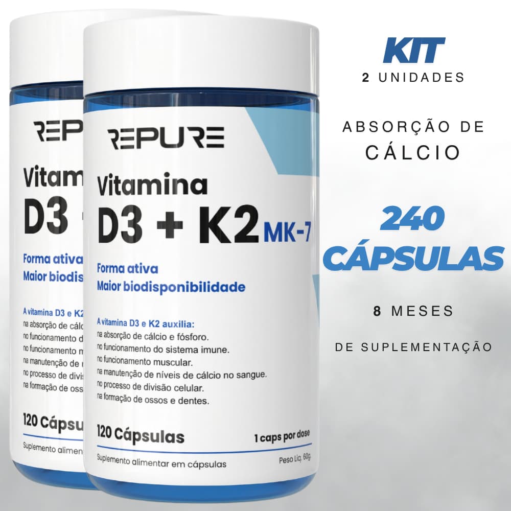 Kit 2 Vitamina D3 + K2 MK7 2.000UI + 149mcg Premium 240 Cápsulas Forma Ativa (8 Meses)
