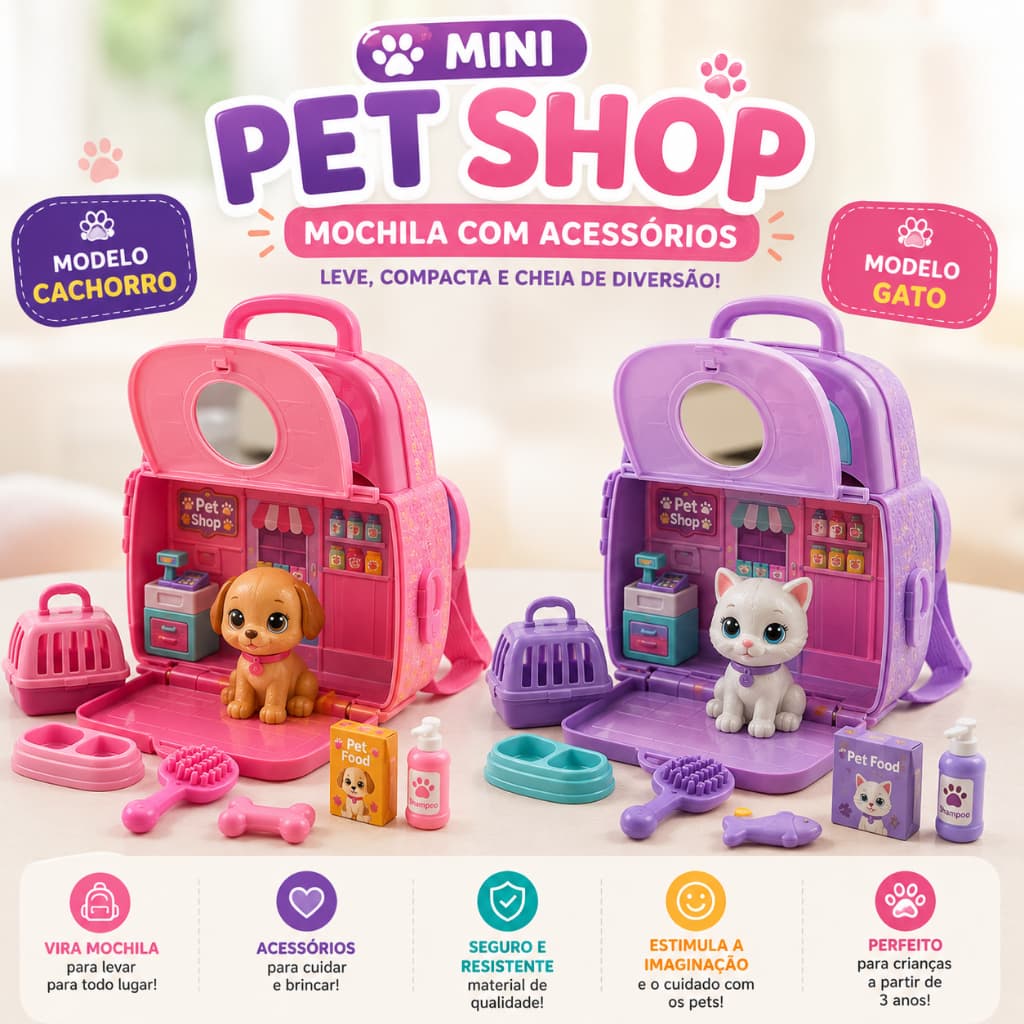 Brinquedo Mochila Meu Primeiro Pet Shop Infantil com Acessórios – Casinha Pet para Cachorro e Gato